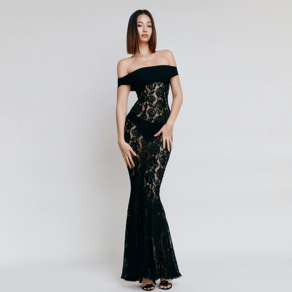 ZARA Sexy Off Shoulder Black Lace Sheer Bodycon Mermaid Gown